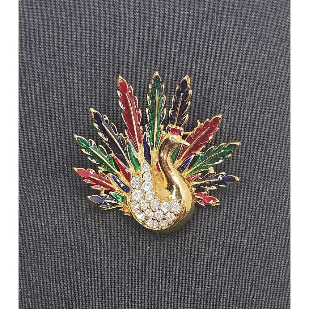 Vintage Peacock Bird Brooch - Pin  Enamel Rhinestone Gold Tone Accent 1.5"